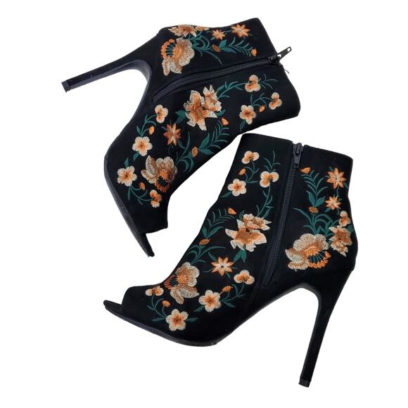 JustFab | Embroidered Floral Stiletto Peep Toe Ankle Booties - Picture 2 of 12